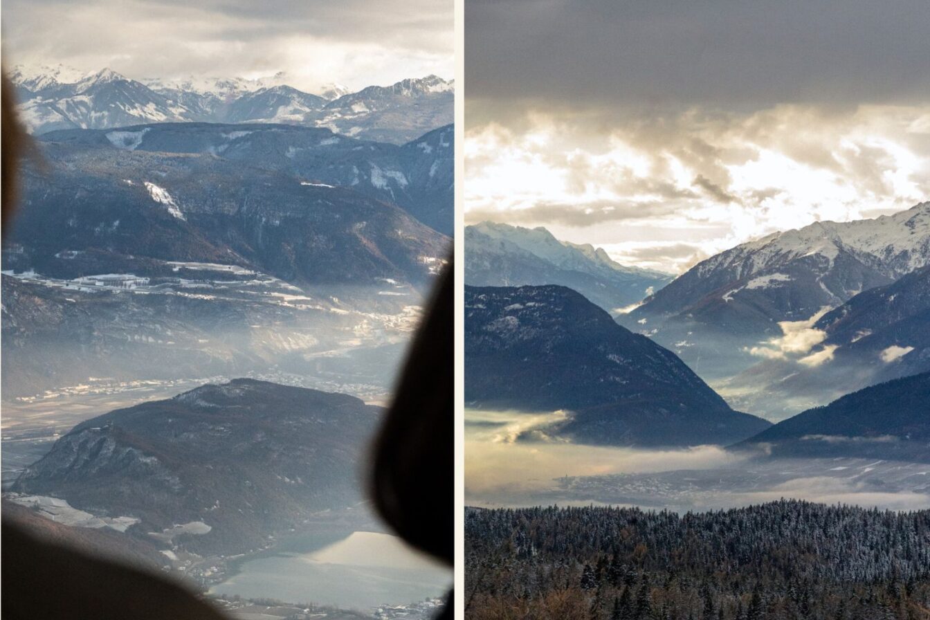 Blick aus großer Höhe auf ein Tal mit einem See und umliegenden Hügeln; dahinter mehrschichtige Bergketten mit Schnee, teils in diffusem Licht und Nebel.

Bild 1 (rechts)

Weite Berglandschaft mit mehreren schneebedeckten Gipfeln, dunklen Bergrücken im Vordergrund, aufsteigendem Nebel im Tal und dramatisch bewölktem Himmel.