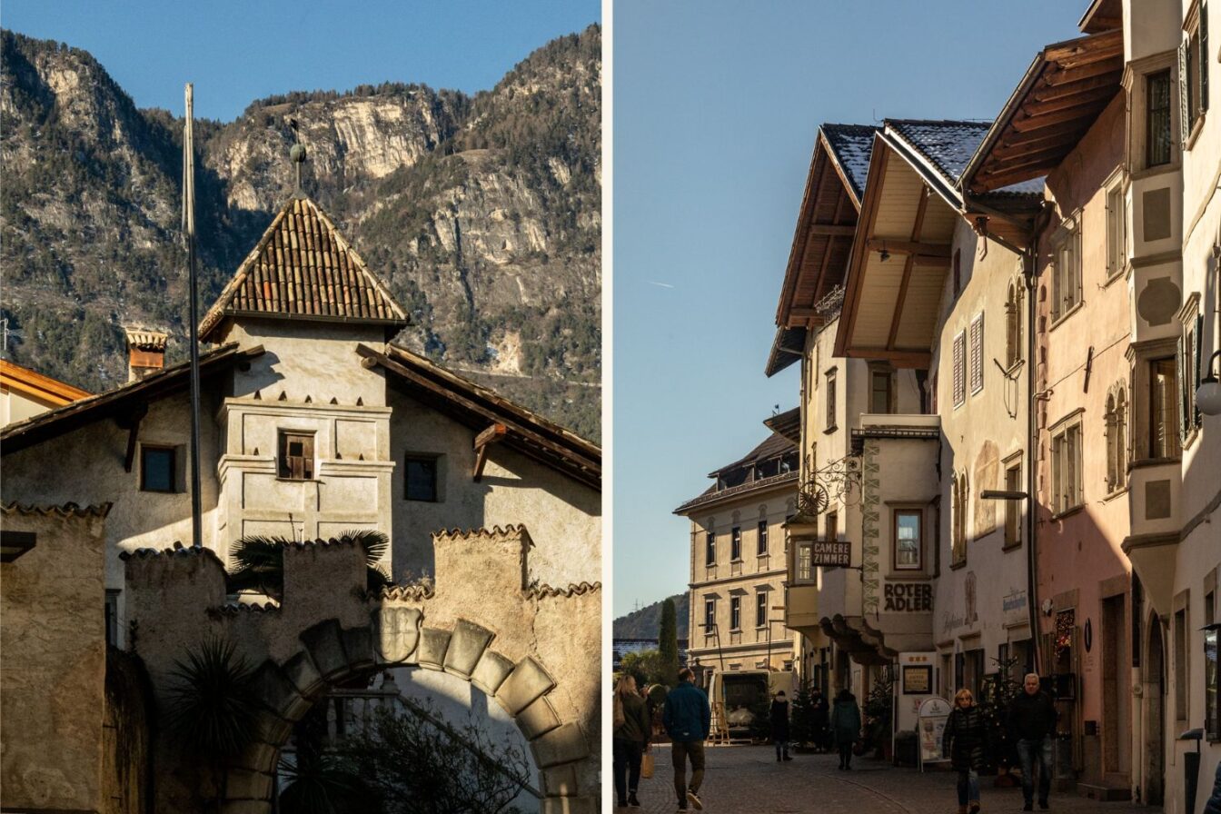 Bild 5 (links) Älteres Gebäude mit rundem Torbogen und kleinem Turm vor einer steilen Felswand; sonnige, klare Winterstimmung. Bild 5 (rechts) Belebte Fußgängerzone mit historischen Fassaden, dekorierten Erkern und Schildern; einige Passanten gehen die gepflasterte Straße entlang.