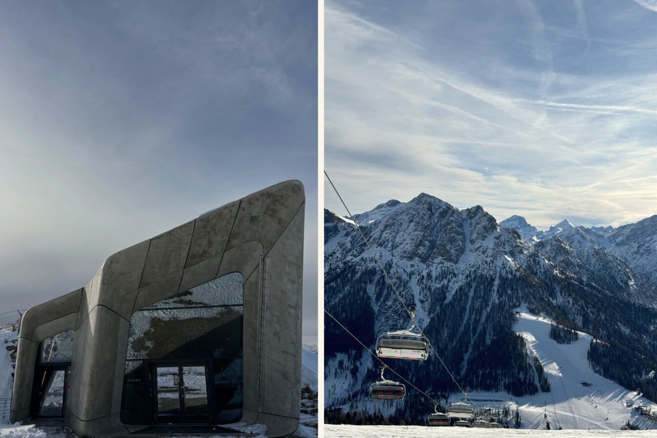 Zweiteilige Winteraufnahme vom Kronplatz in Südtirol: Links der futuristische, teils eingeschneite Eingangsbereich des Messner Mountain Museum Corones auf dem Gipfel; rechts eine offene Sesselbahn, die über verschneite Pisten und vor die steilen, schneebedeckten Dolomiten führt. Der Himmel ist leicht bewölkt, die Szenerie zeigt typische Skigebiets-Atmosphäre im Winter.