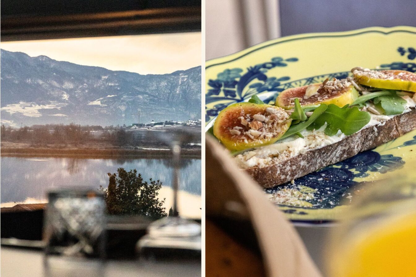 Bild 1 (links) Blick durch ein Fenster oder über eine Tischkante hinweg auf einen ruhigen See mit spiegelndem Wasser; dahinter winterliche Felder und bewaldete Berge unter hellem Himmel. Bild 1 (rechts) Nahaufnahme einer Brotscheibe auf einem verzierten Teller, belegt mit Frischkäse, Feigenscheiben, Rucola und gehackten Nüssen.