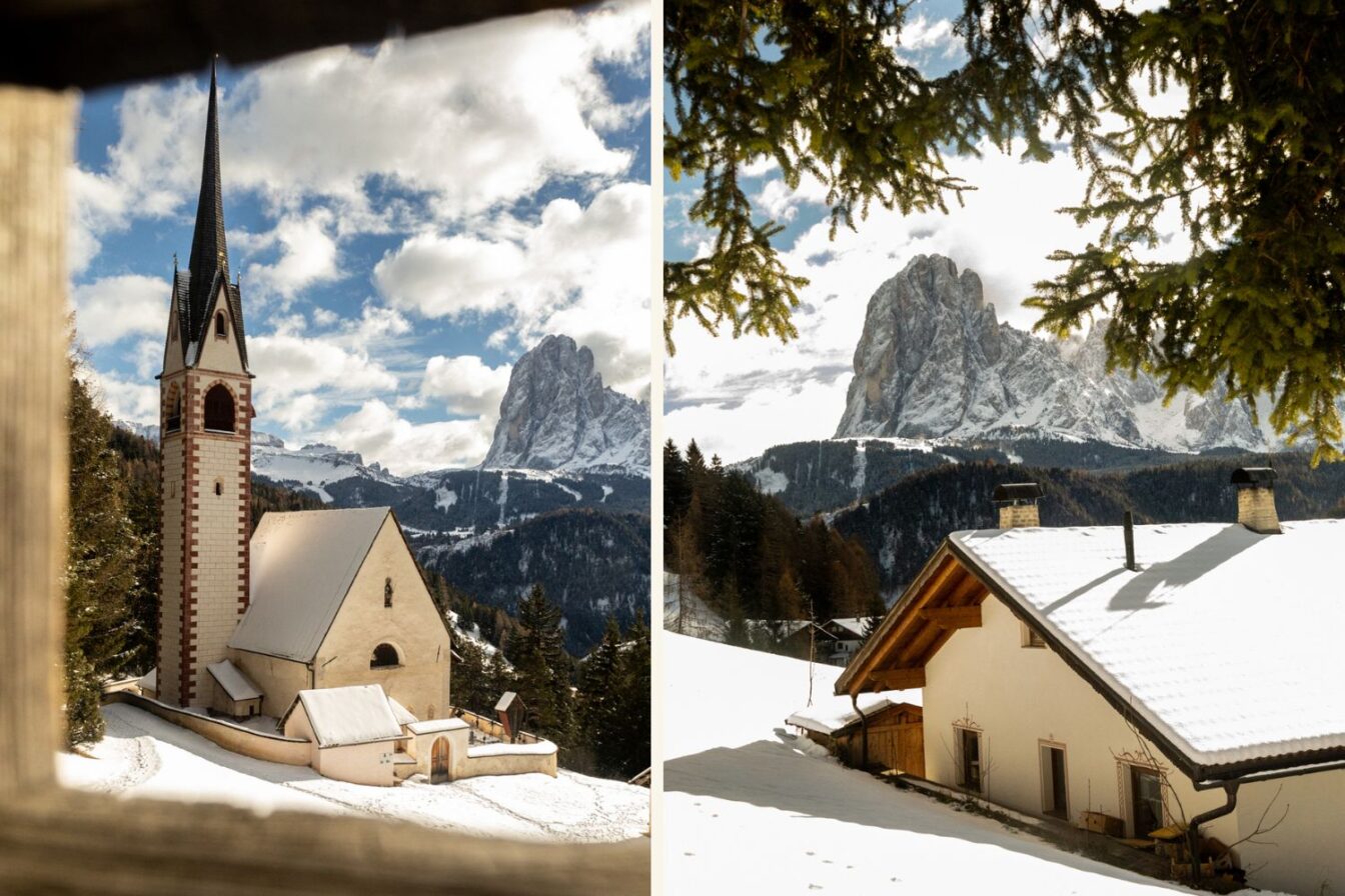 Winter in Südtirol: St.-Jakobs-Kirche und verschneite Berglandschaft im Grödnertal mit Blick auf die Geislergruppe.