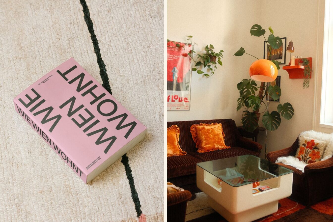 das cover vom wiewienwohnt buch und eine wohnung im stil der 70er jahre