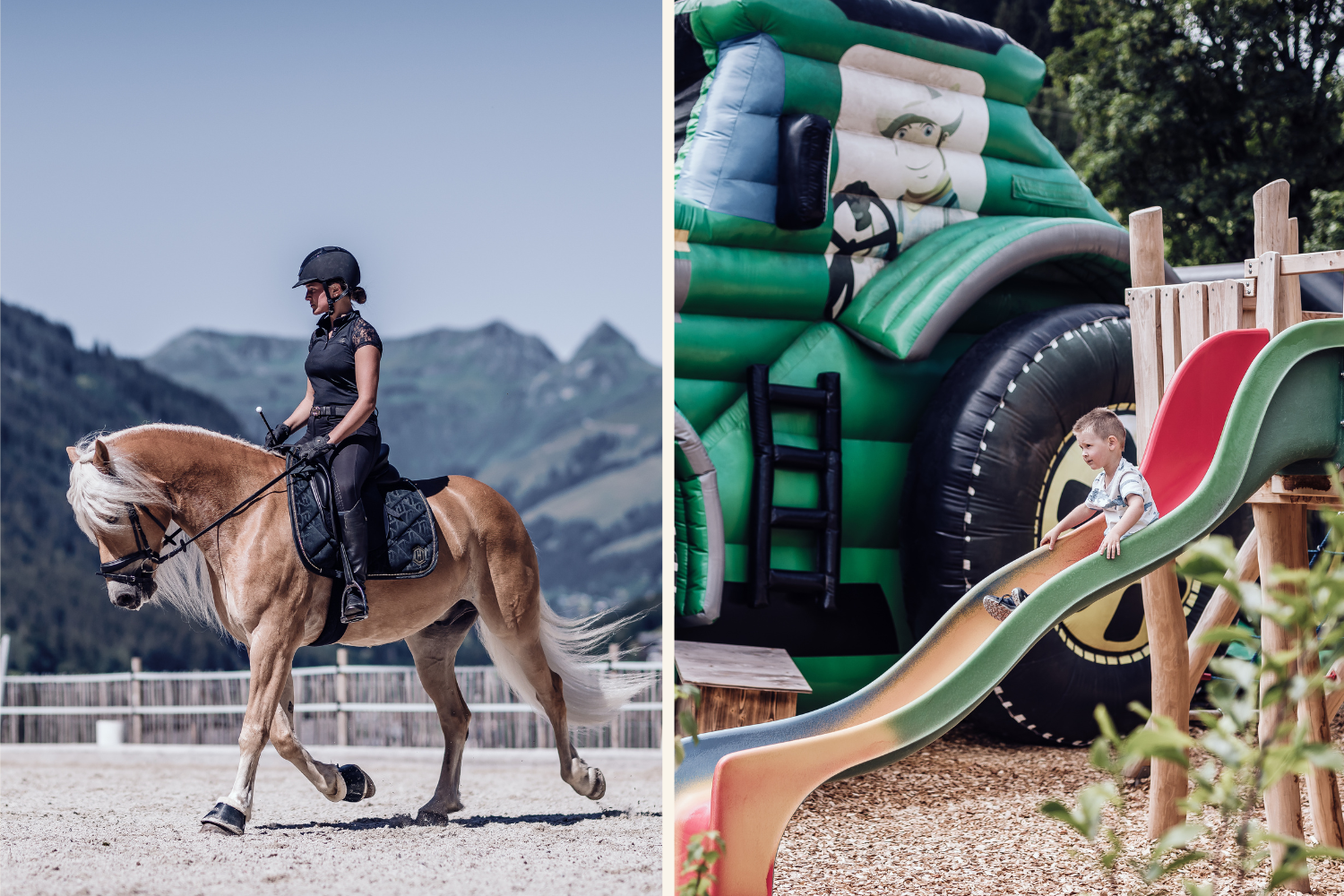 Collage mit einer Person am Pferd und einem Kind auf Rutsche (c) Steffi Oberhauser, JFK Feichter