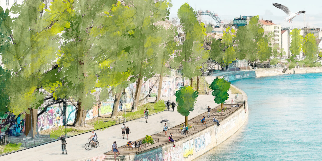 eine Visualisierung der neuen Sonnenterrasse am Donaukanal in Wien