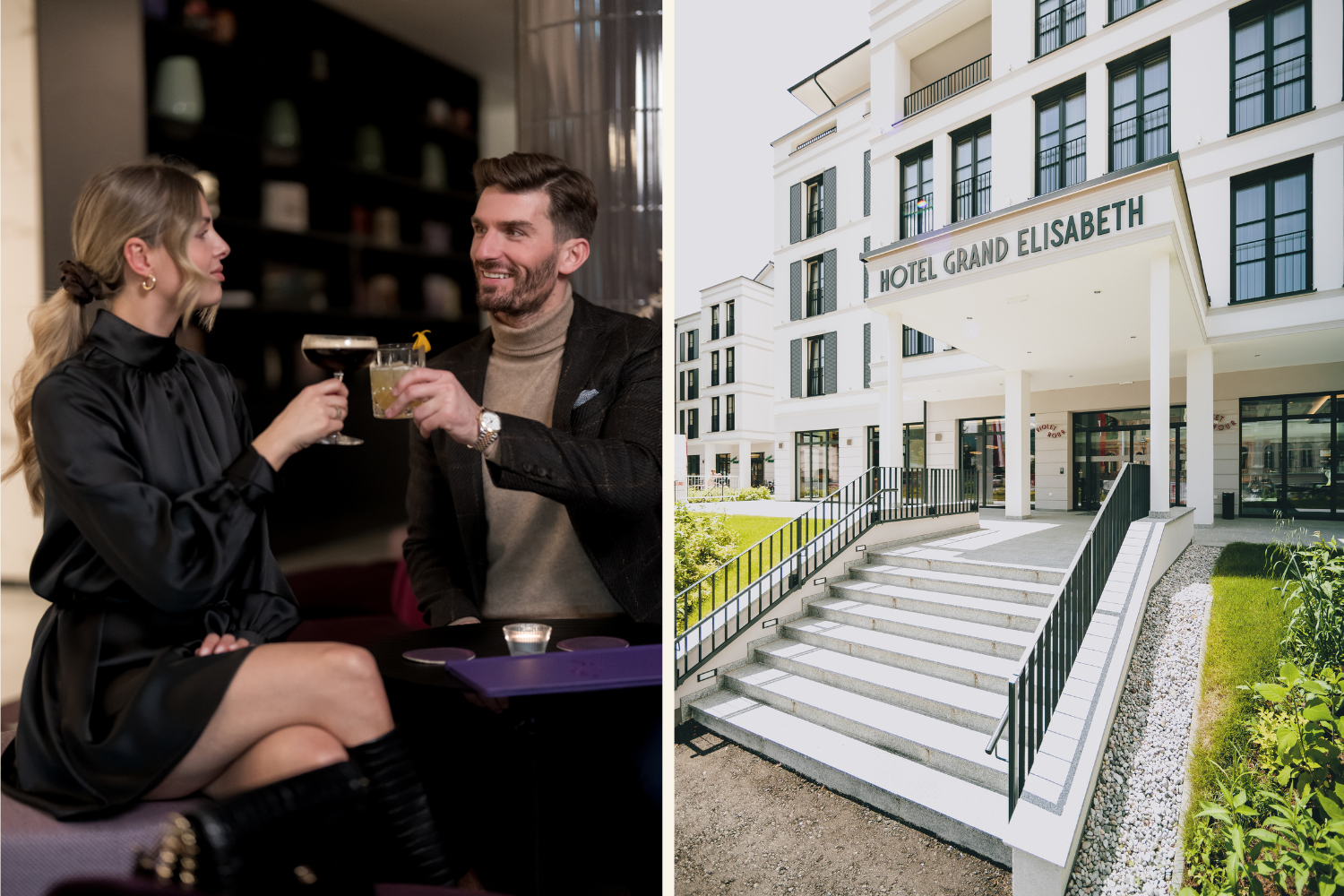 Collage mit zwei Personen die anstoßen und Hoteleingang vom Grand Elisabeth Hotel in Bad Ischl