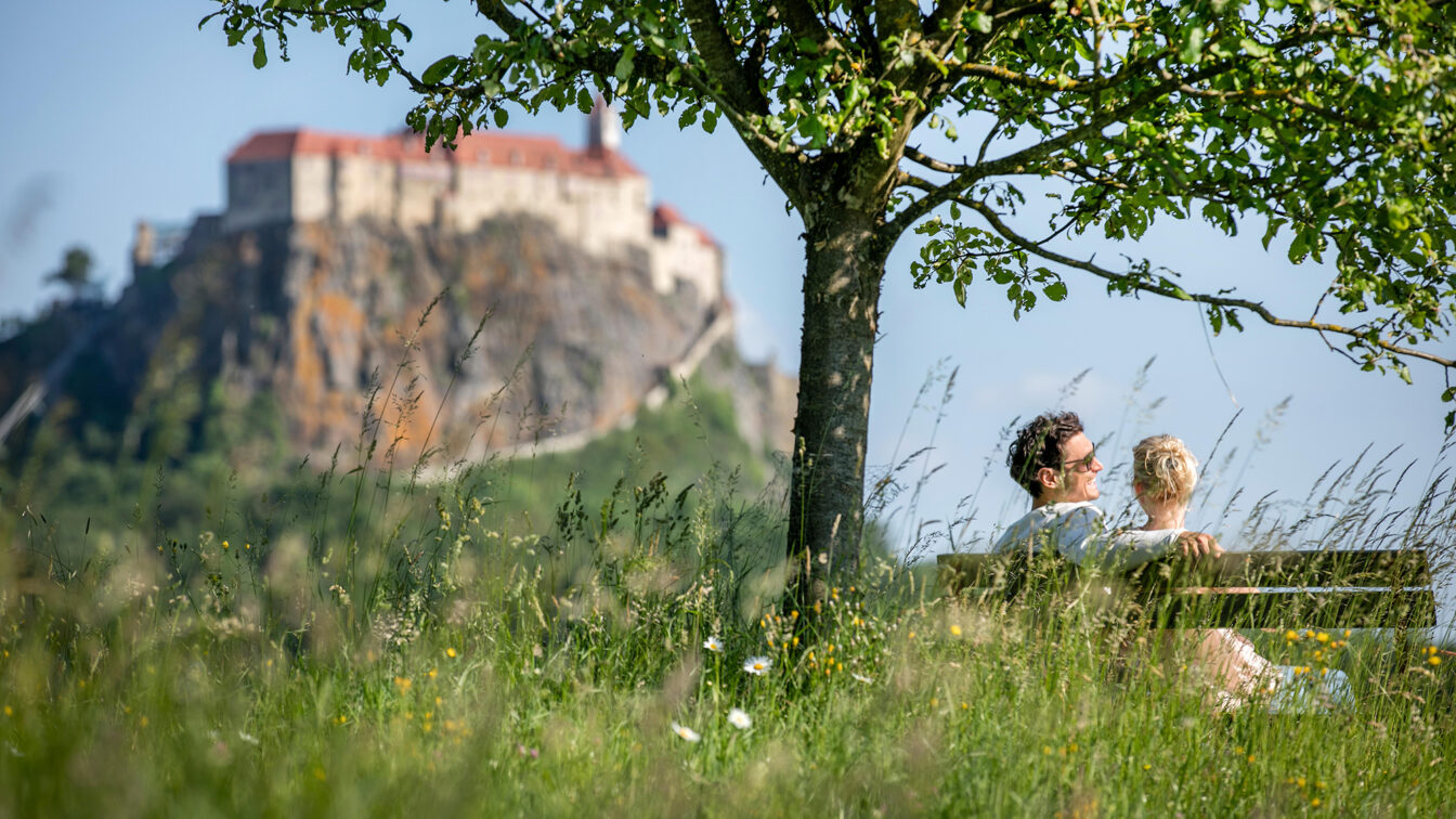 Blick auf eine Burg mit einem Pärchen im Vordergrund, das auf einer Bank unter einem Baum sitzt.