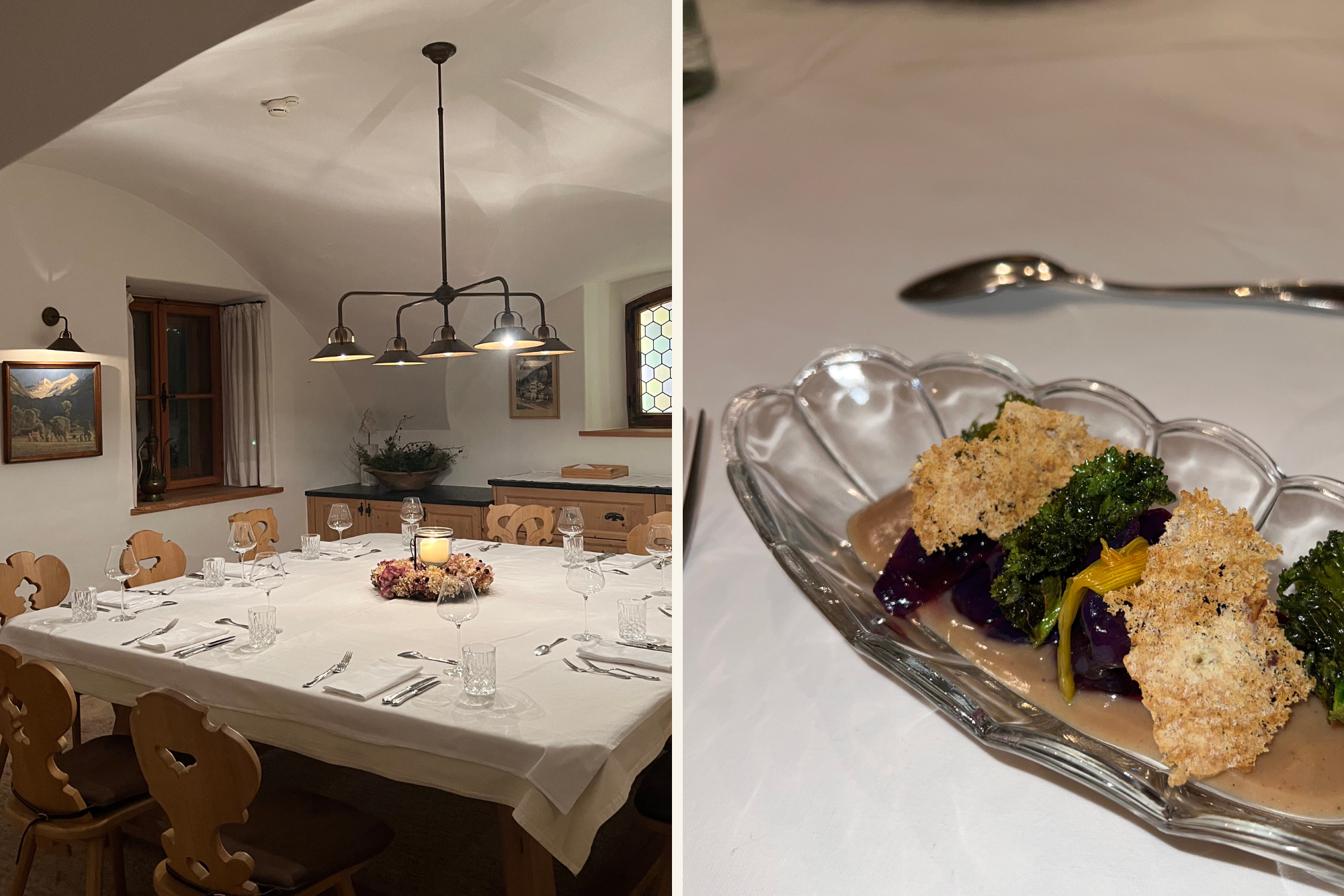 Collage Weyerhof, links Gastraum, rechts Bild einer vegetarischen Vorspeise