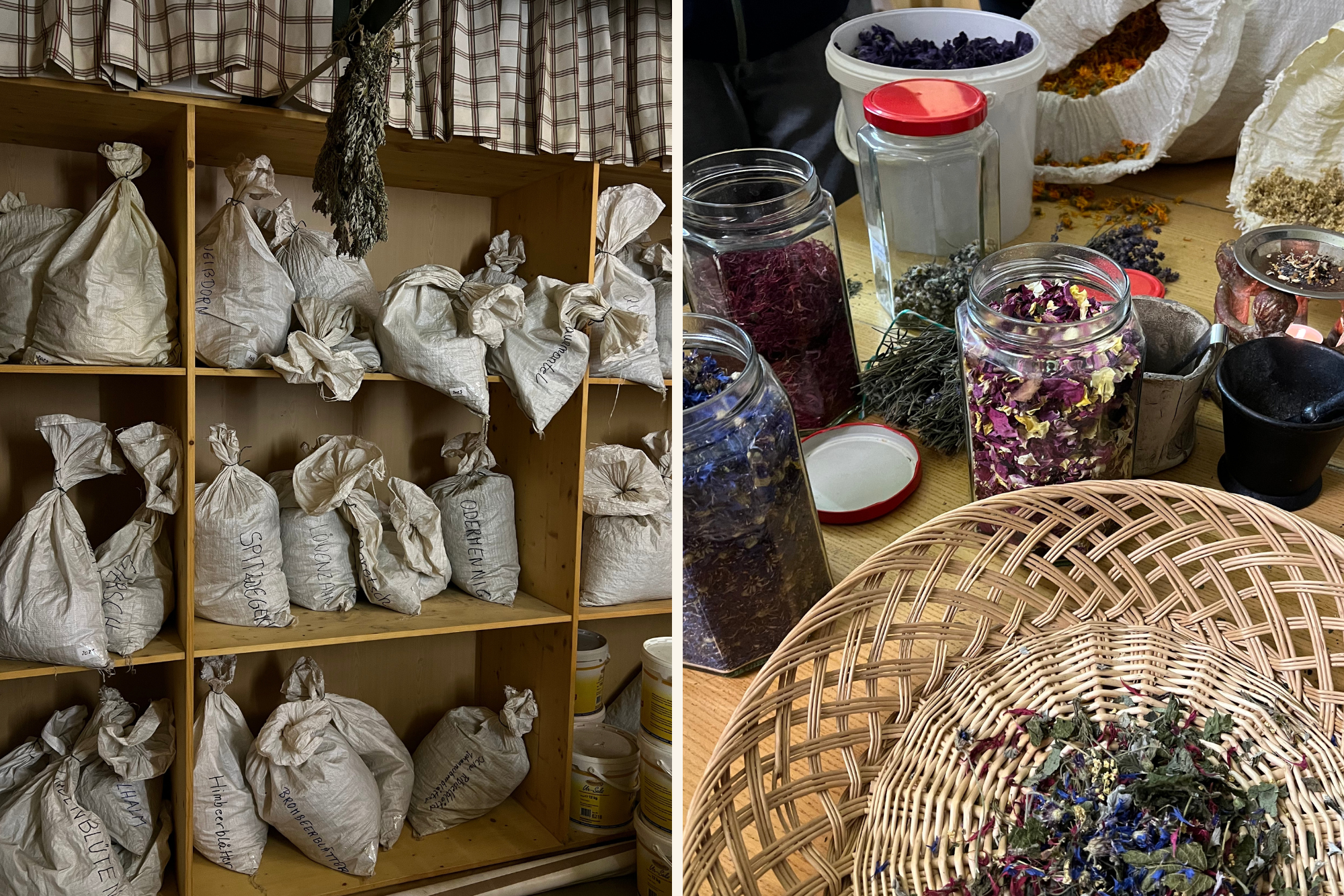 Collage vom Kräutergarten in Hollsersbach, links Regal mit Säcken gefüllt mit verschiedenen Kräutern, rechts Korb mit zusammengemischten Kräutern für Tee