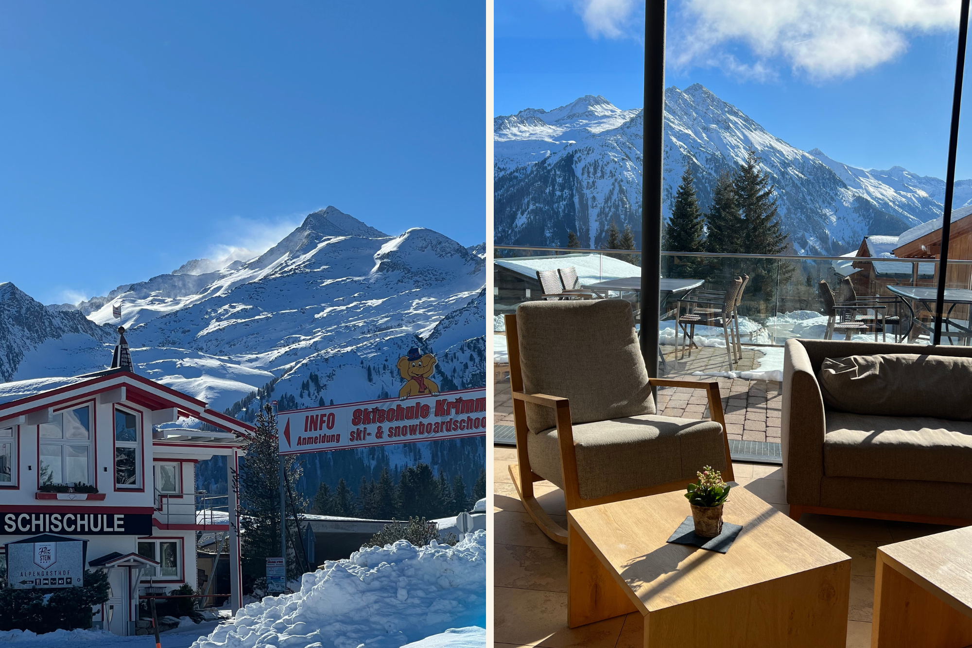Collage Langlaufen Hohe Tauern Nationalpark Krimml-Hochkrimml, links Bild von Skischule und BVerggipfel, rechts Loungebereich von Alpengasthof Filzstein