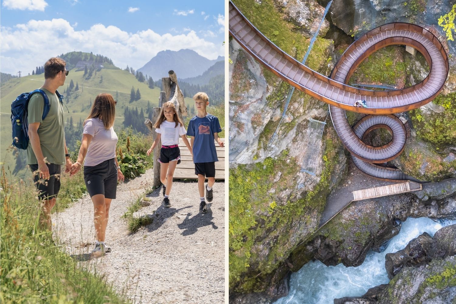 Collage aus zwei Bildern von einer Familienwanderung und der Wendeltreppe Helix in der Liechtensteinklamm in St. Johann in Salzburg