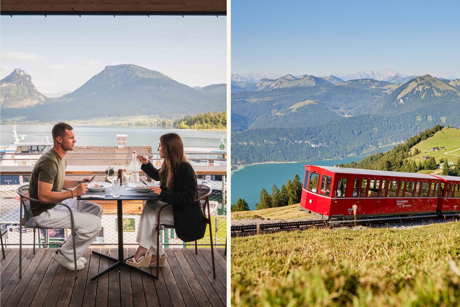 eine Collage aus zwei Bildern mit einem Pärchen, das im Café & Restaurant EQ am Wolfgangsee gemeinsam isst. Rechts ist die SchafbergBahn im Sommer zu sehen.