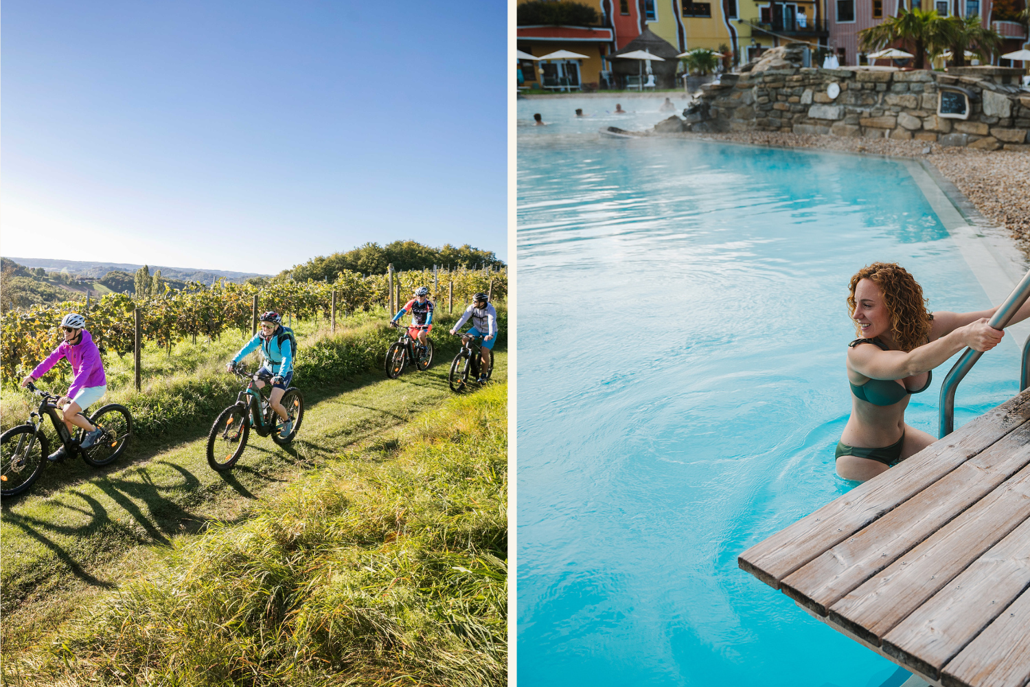 Collage mit Radfahren und Baden links: (c) Thermen- & Vulkanland | Harald Eisenberger, rechts: (c) Thermen- & Vulkanland | valantic austria