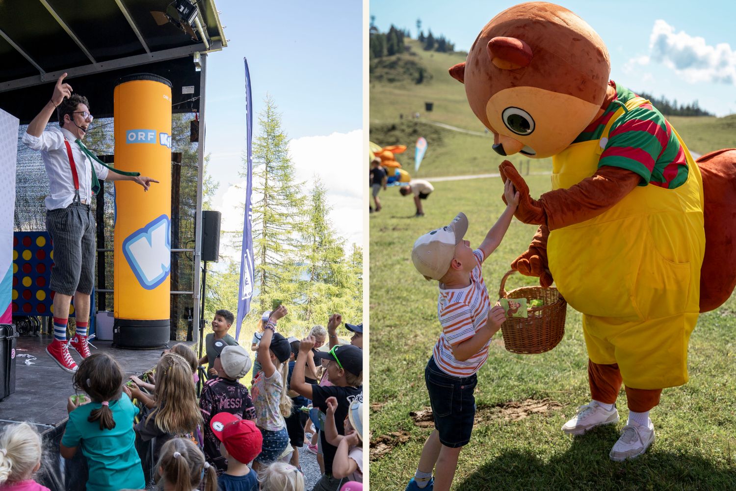Collage mit Szenen aus dem Kinderentertainment Programm in St. Johann in Salzburg. Auf dem rechten Bild hüpft ein Mann auf einer Bühne vor zahlreichen Kindern auf und ab, auf dem rechten Bild gibt ein Mensch in einem bunten Eichhörnchen-Kostüm einen Kind ein High-Five.