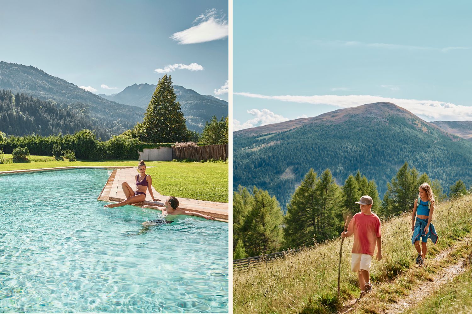 Falkensteiner Pool mit Bergblick und Kinder, die wandern