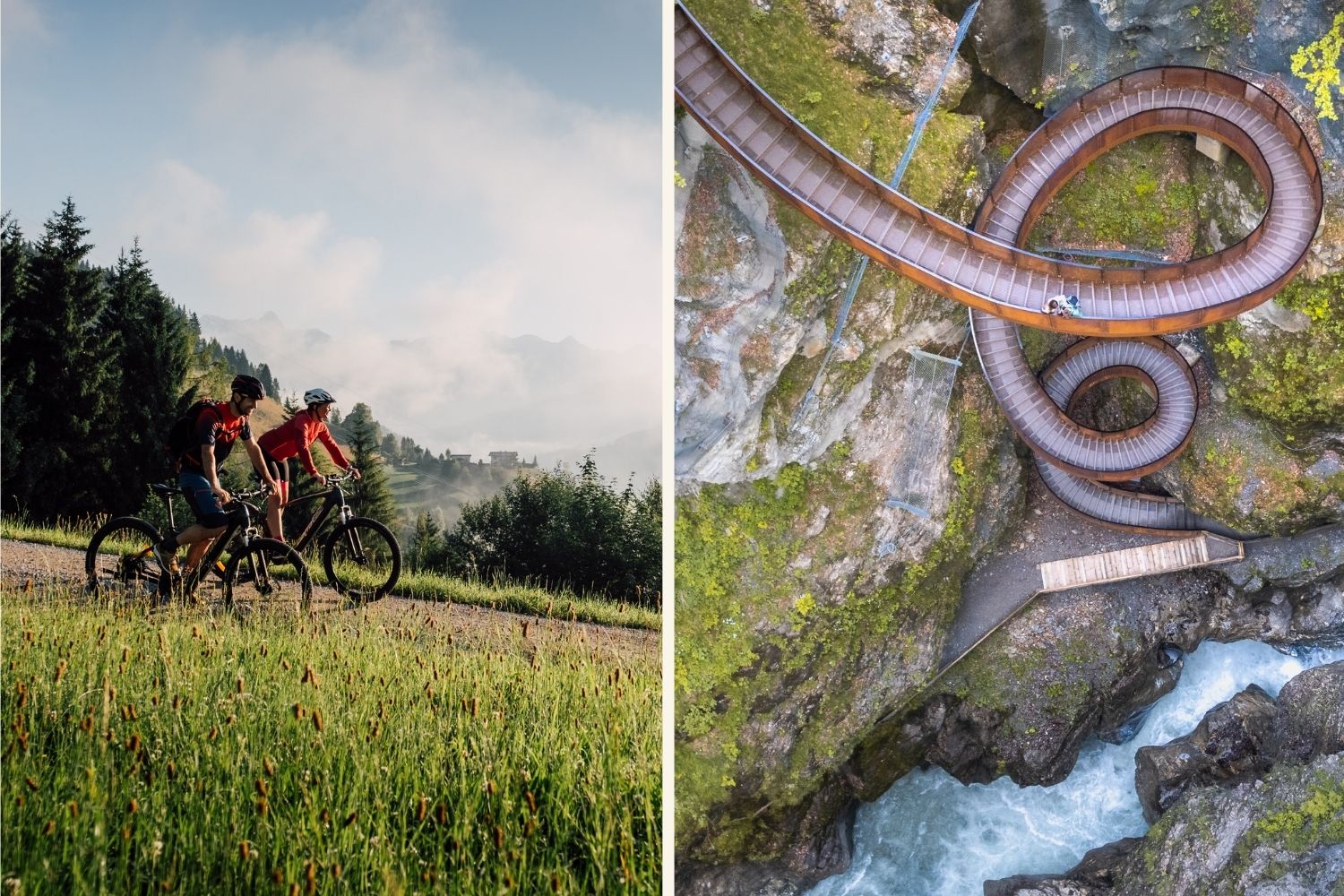 Eine Collage mit einem Foto von zwei Radfahrern im Grünen und der Liechtensteinklamm in St Johann in Salzburg.