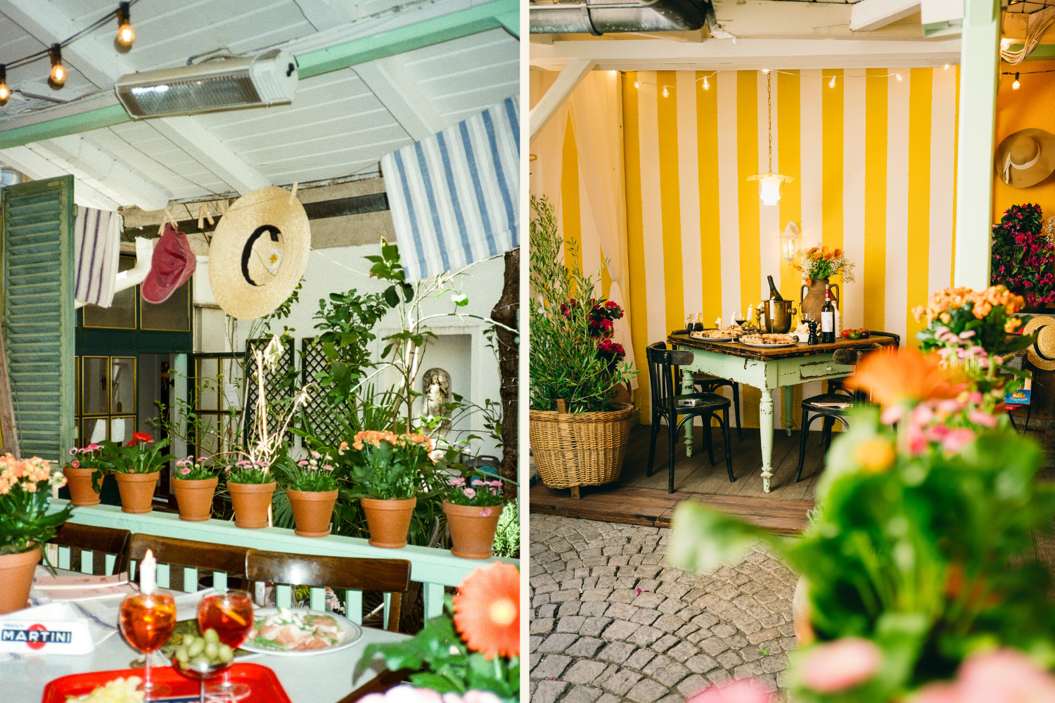 Collage mit italienischem Restaurant, der Pizzeria Amici in Wien, von außen mit Tischen