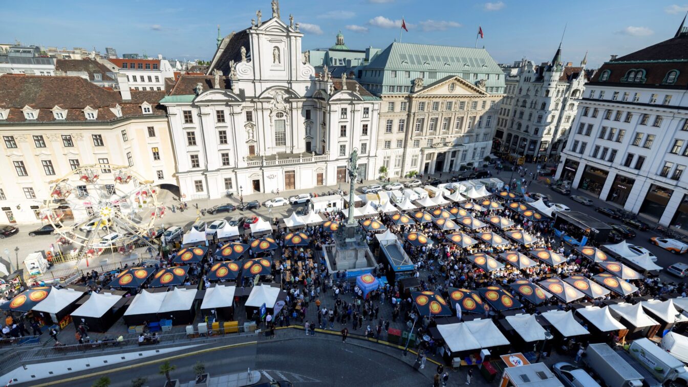 Food-Stände, Wein, musikalisches Programm beim Burgenland Kul(t)inarium 2025 in Wien.