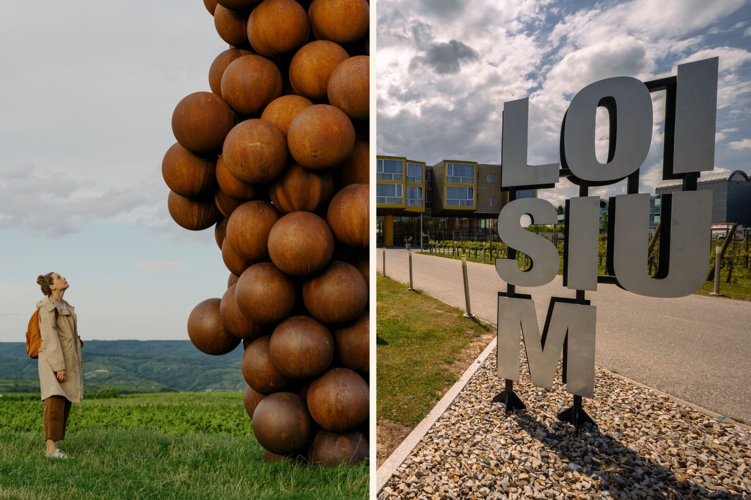 Collage vom Langenlois Wenweg mit Weintraubenskulptur und Blick auf die LOISIUM WeinWelt