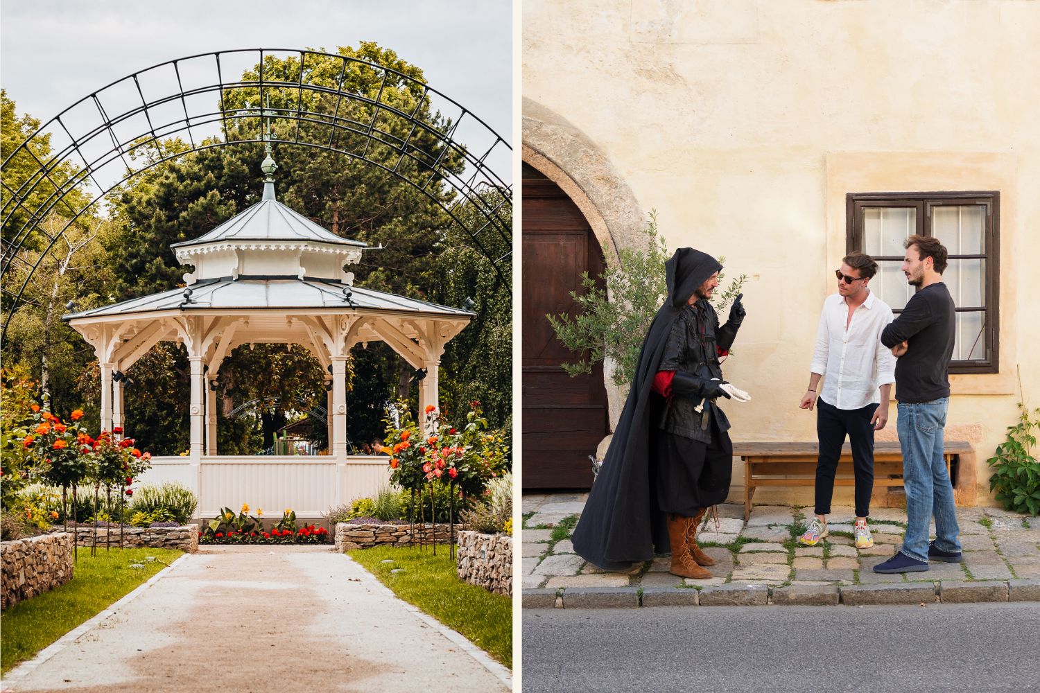 Collage aus einem Gartenpavillon im Stadtpark von Wiener Neustadt und einer Stadtführung mit einem kostümierten Guide.