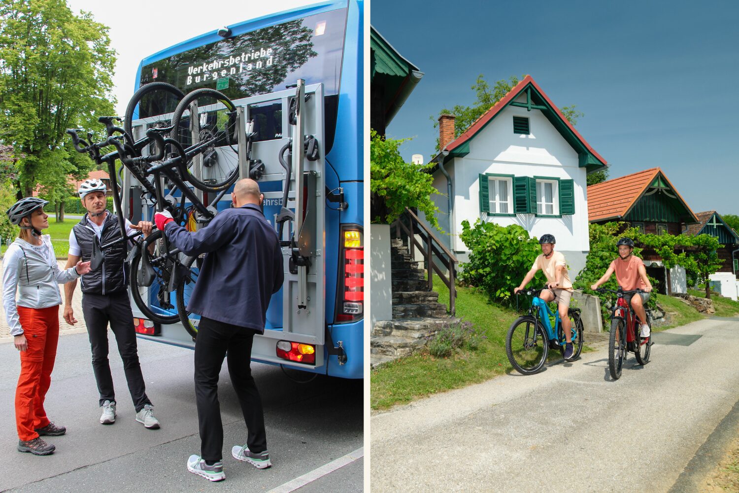 Collage mit Radfahren im Südburgenland mit Rädern an Bus und Radeln auf der Straße