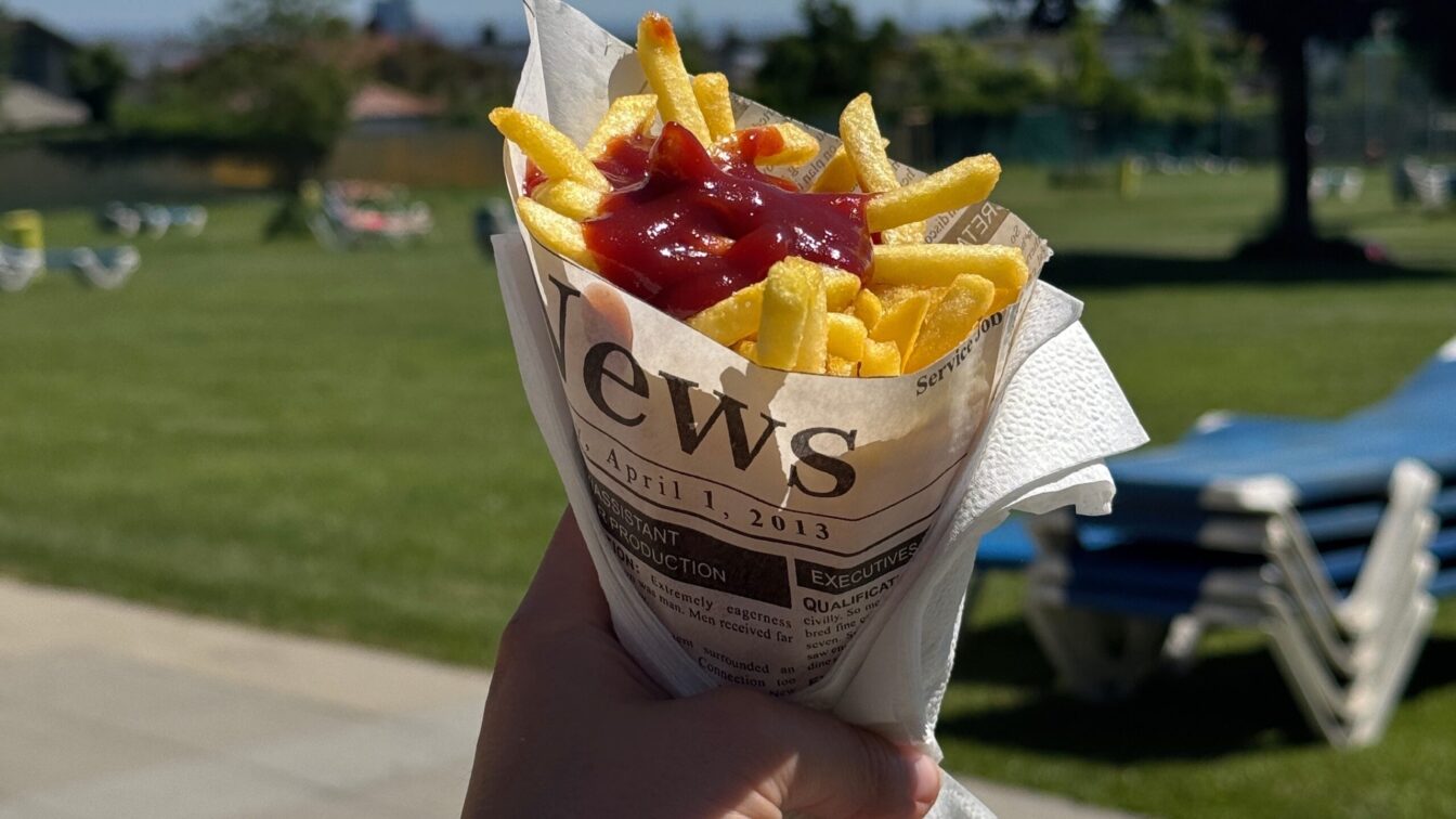eine Portion Pommes eingewickelt in Zeitungspapier, im Hintergrund eine Liegewiese im Freibad