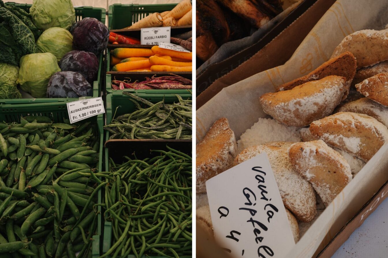 Wochenmarkt in Luzern mit frischem Obst und Gemüse und noch warmen Gebäck.