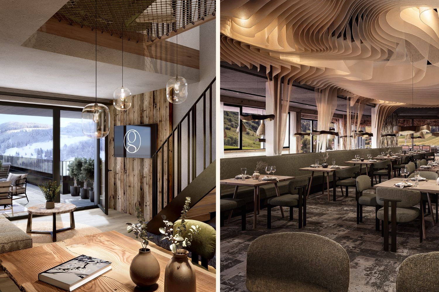 Collage mit Visualisierungen des Restaurants und einer Suite im Designer Motel glockna.
