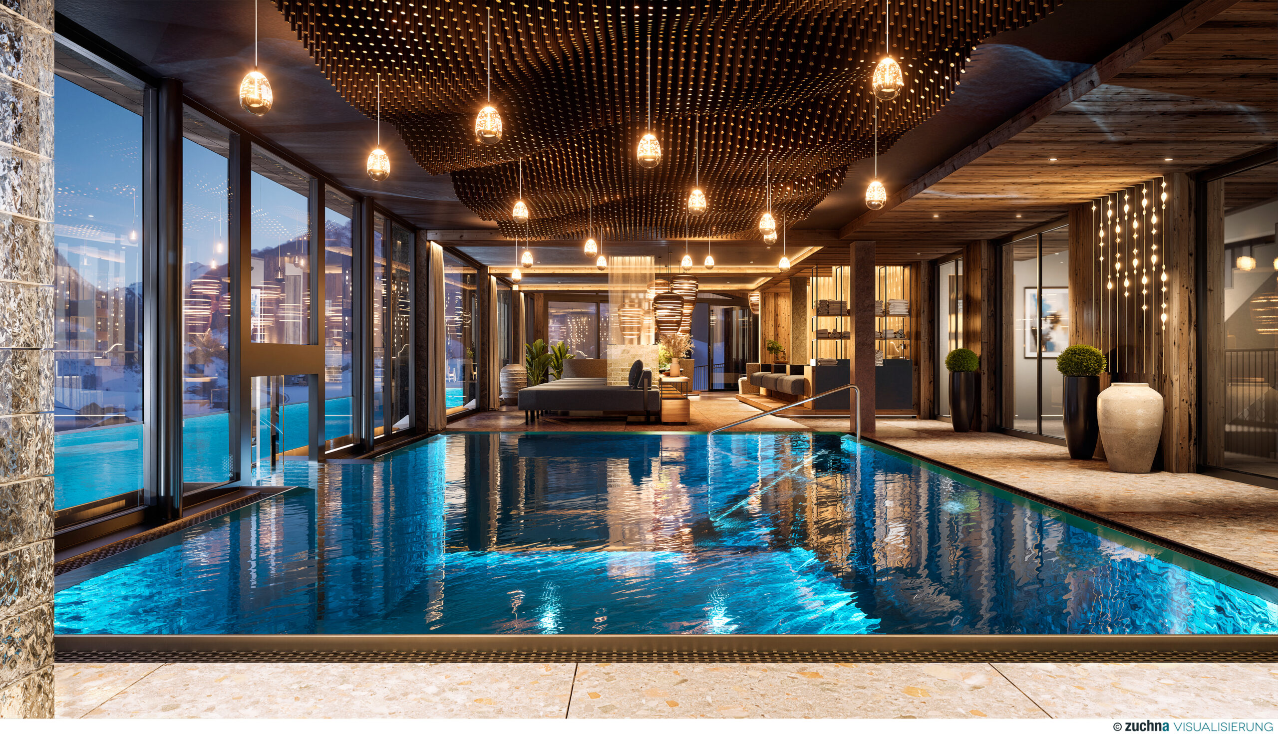 Visualisierung des Wellnessbereichs im Designer Motel glockna.